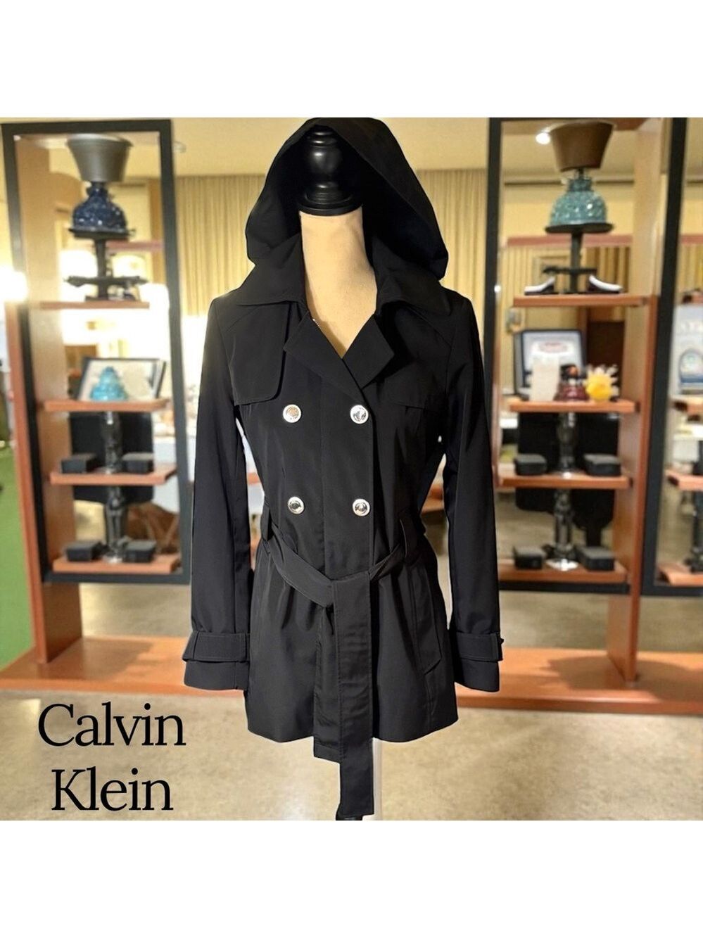 Calvin Klein-Classy black trench coat. Size small. Silver details/Hood. Like new - Picture 11 of 16